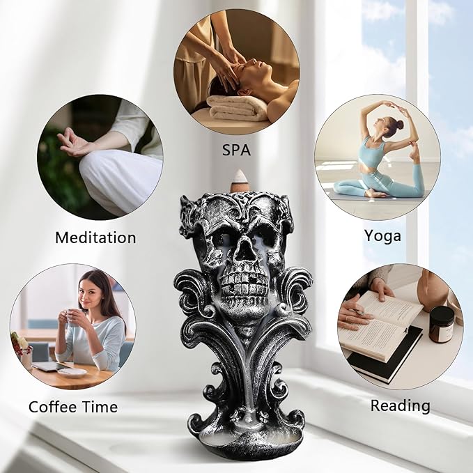 Comeon Backflow Incense Holder Burner Resin Skull Incense Burner Waterfall Incense Burner Home Decor + 20 Backflow Incense Cones + 30 Incense Sticks +1 Tweezer +1 Mat（Metallic Silver）