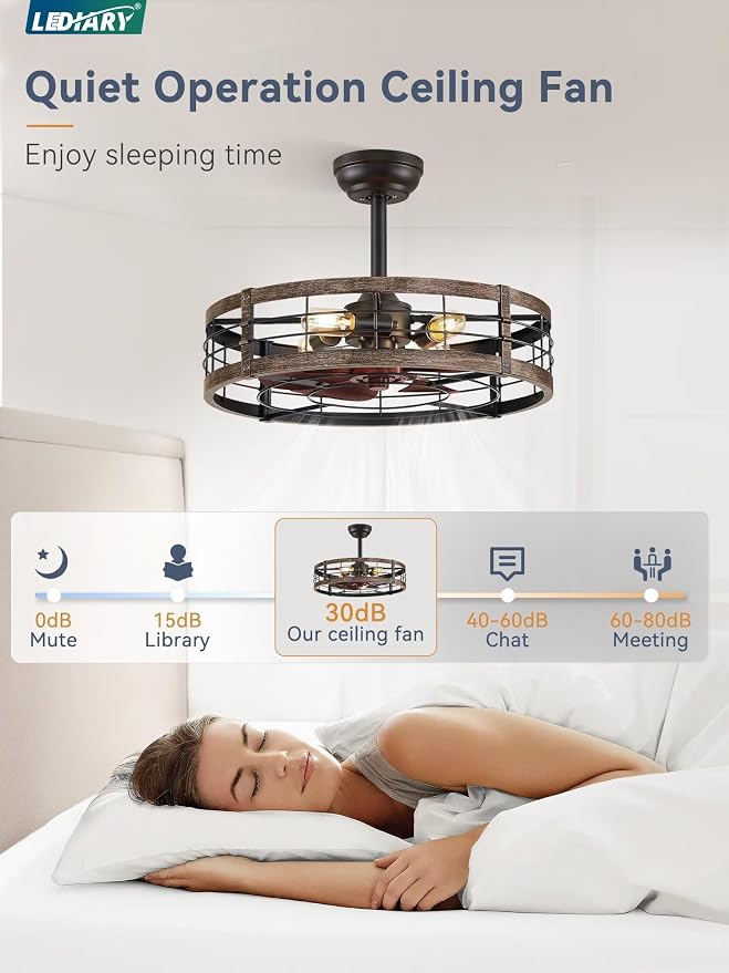 LEDIARY 22 Inch Caged Ceiling Fan with Light, Fandelier Farmhouse Ceiling Fan with Remote, Small Bladeless Fan Lights Ceiling Fixtures for Kitchen, Bedroom, Outdoor-Black and Gold