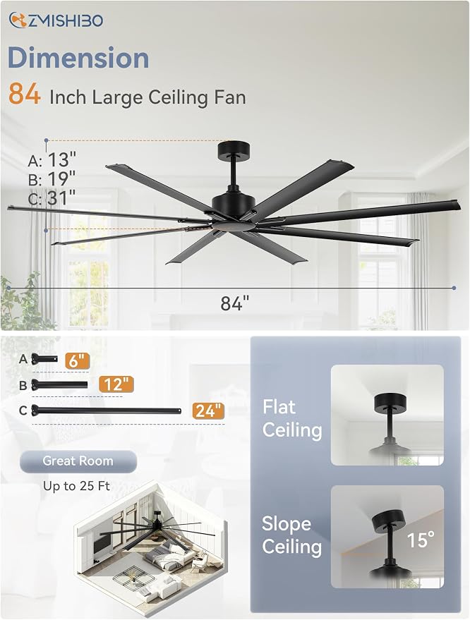 ZMISHIBO 84 Inch Industrial DC Motor Ceiling Fan, Large Ceiling Fan with 8 Reversible Blades, 3 Downrods, 6-Speed Remote Control, Home or Commercial Ceiling Fans for Porch/Garage/Shop, Black