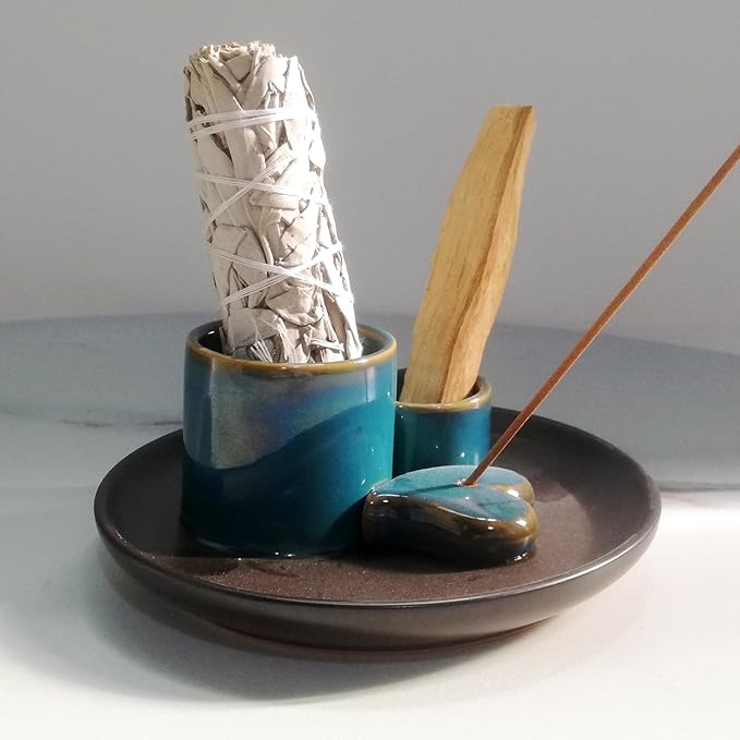 Palo Santo Sage Holder for Burning, Ceramic 4 in 1 Incense Burner Smudge Stick Holder, Ash Catcher Tray for Home Office Meditatio Yoga Room (Retro Blue)