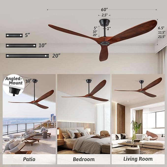 60'' Walnut Ceiling Fan with 3 Wood Blades, 6 Speeds Smart Timing Reversible DC Motor, Modern Black Fan for Indoor/Outdoor Farmhouse/Patios
