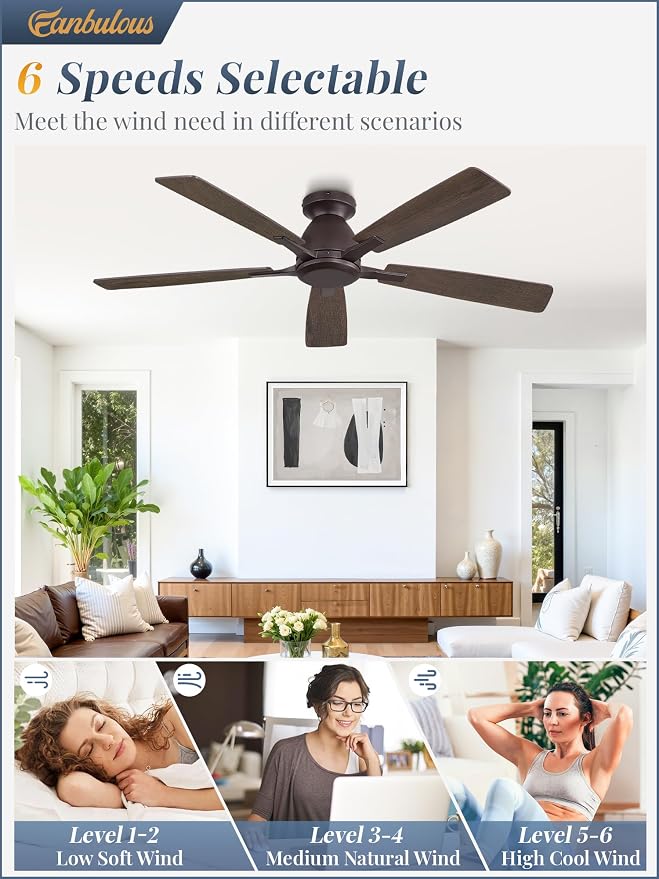 Fanbulous 52 Inch Flush Mount Ceiling Fan No Light with Remote, Oil Bronze | Modern Low Profile Without Light, 6-Speed, Quiet Reversible DC Motor, Indoor/Outdoor Use, for Bedroom, Living Room, Patio
