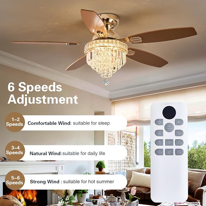 Crystal Ceiling Fan Fandelier with Lights-Ceiling Fans with Lights,50" Low Profile and Remote Control, Flush Mount, Reversible, Dimmable, Noiseless,Ceiling Fan for Bedroom（Gold）