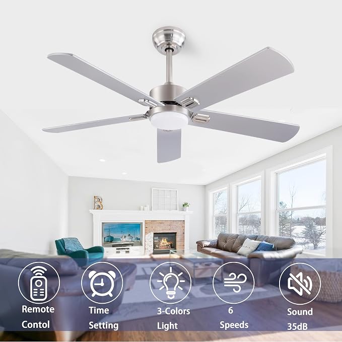 QUTWOB 52" Ceiling Fans with Light and Remote,Farmhouse 5 Blades Quiet Reversible DC Motor Ceiling Fans for Modern Indoor/Outdoor/Patio/Living Room/Bedroom(Silver/burlywood)