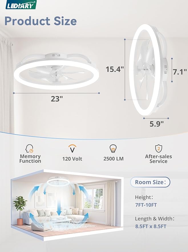 LEDIARY 23 Inch Ceiling Fans with Lights and Remote, Dimmable Fan Light | 6 Speed, Reversible, APP & Remote Control, Low Profile Flush Mount Ceiling Fan for Bedroom, White