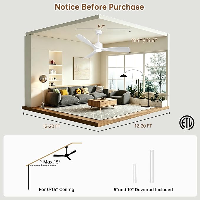 Ovlaim 52 Inch Modern White Ceiling Fan with Lights and Remote High CFM | 3 Blade Smart Ceiling Fan, ETL Listed Quiet Reversible DC Motor,Dimmable 3 Color Light,For Bedroom Living Room Garage Outdoor