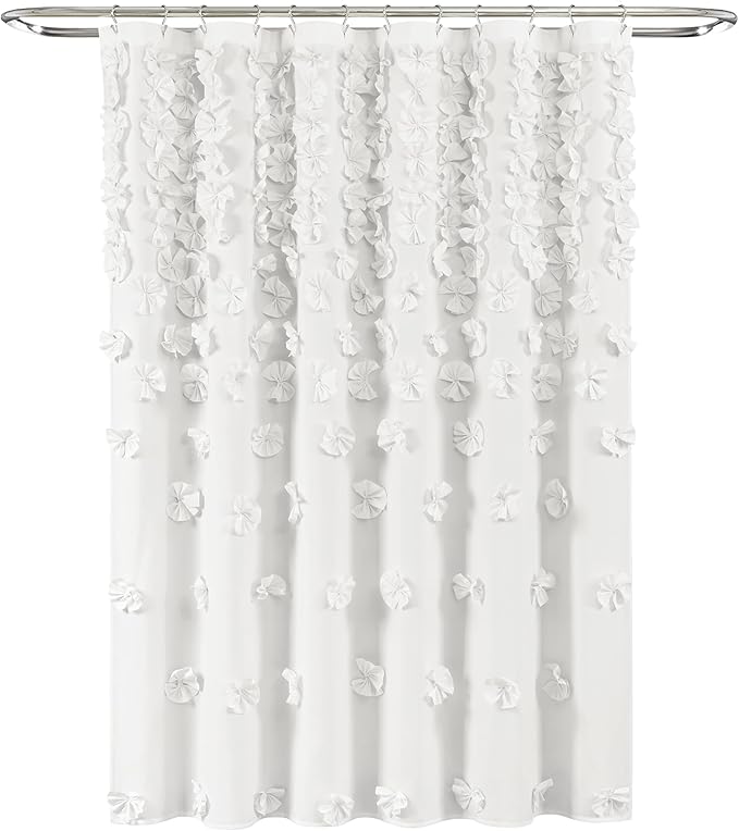 Lush Decor Riley Shower Curtain, 72" W x 72" L, White - Bathroom Curtain - Coquette Decor - Bow Shower Curtains - Cottage Core - Fabric Shower Curtains