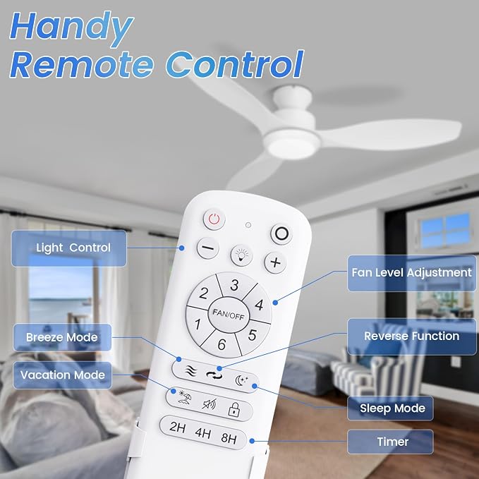 48 inch Ceiling Fan with Light and Remote, White Flush Mount Ceiling Fan with 3 Blades,3 Color Dimmable Lights, 6 Speeds, Queit DC Motor, for Bedroom/Outdoor/Patios, White