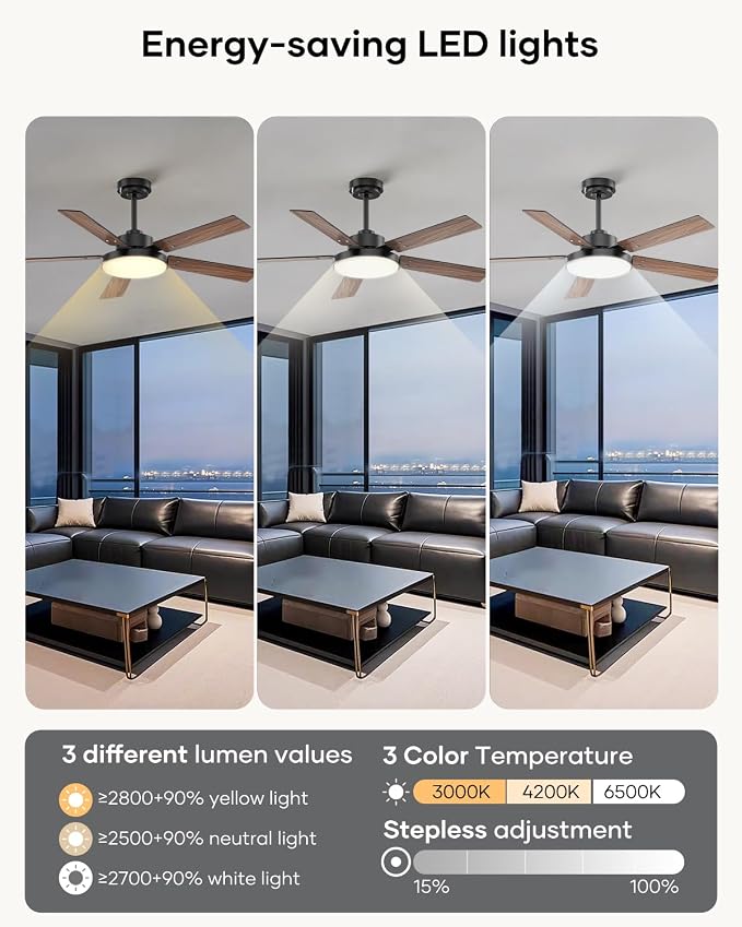 52 inch Black Ceiling fan with Light and Remote/APP, Ceiling Fans with Lights, 3CCT, Reversible 6 Speeds Quiet, Black Modern Ceiling Fan with Light for Indoor Outdoor Bedroom Patio Living Room