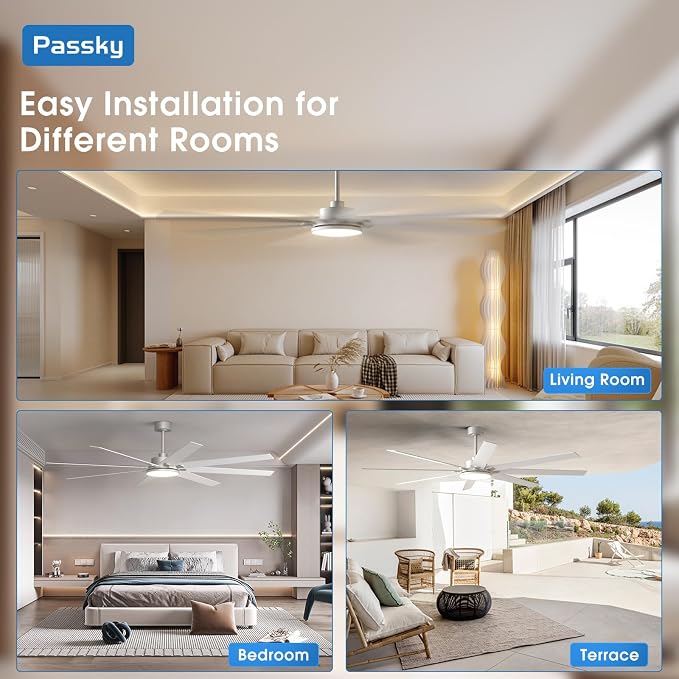 80 inch Ceiling Fans with Lights, Large Modern Ceiling Fan with Light and Remote Control, Reversible, Dimmable, 3CCT, Quiet, Nickel Ceiling fan For Bedroom Living Room Patio Farmhouse, Indoor/Outdoor