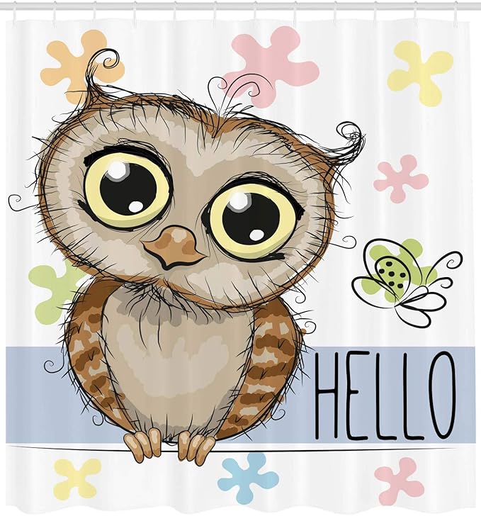 Ambesonne Owls Shower Curtain, Cartoon Owl and a Butterfly on Floral Background Hello Message Illustration, Cloth Fabric Bathroom Decor Set with Hooks, 69" W x 70" L, Rose Cadet Blue Brown