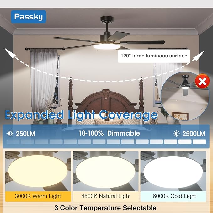 Passky Ceiling Fans with Lights, 52 inch Sleek Ceiling Fan with Light and Remote Control, 3CCT, Dimmable, Reversible, Noiseless, Black Ceiling Fan for Bedroom, Living Room