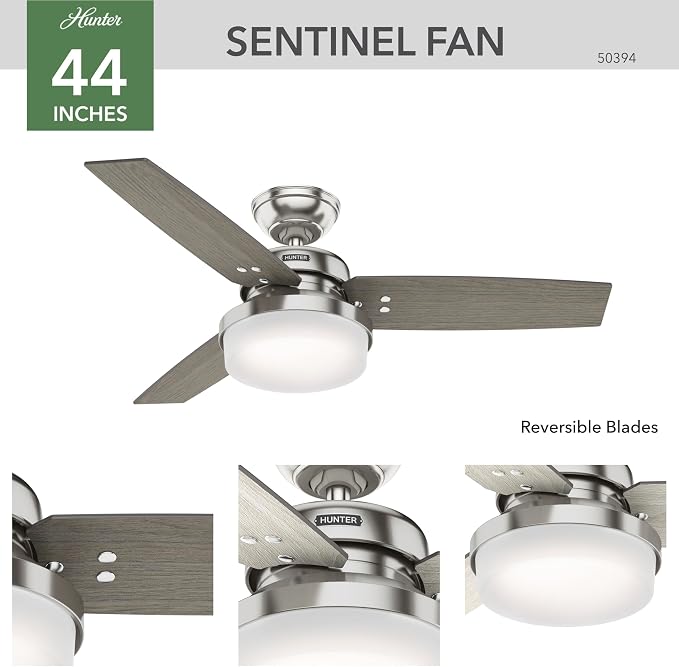 Hunter 44 inch Indoor Ceiling Fan with LED Light and Remote Control - Standard Mount Ceiling Fan, 3 Blades, For Bedroom, Living Room, or Kitchen - Sentinel 50394, Brushed Nickel