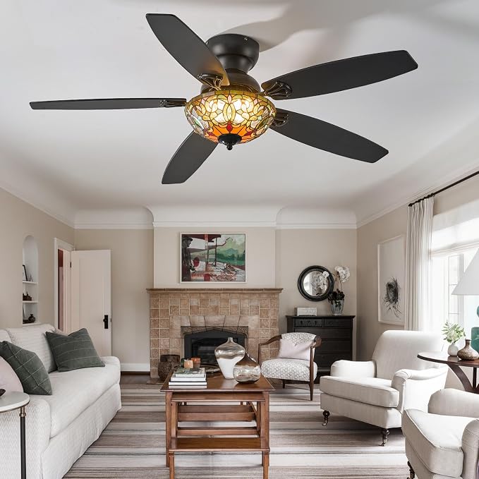 Ceiling Fans with Lights - 52" Ceiling Fan Chandelier with 5 Dual-Blades and Glass Shade, 6 Speeds and Reversible, Indoor and Outdoor, Retro Style