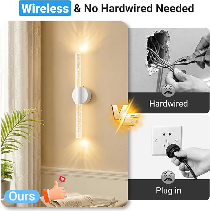 Peel and Stick on Battery Powered Wall Sconces Set of Two, Rechargeable Magnetic Linear Wall Lights for Bedroom, Cordless Sconces with Remote&Touch Control, 3CCT&Dimmable Vanity Wall Lamp, White