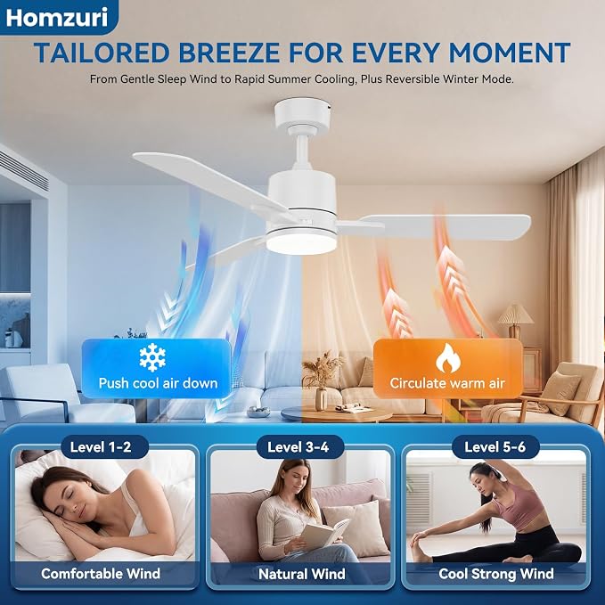 52" Ceiling Fan with Light and Remote, 6 Speed, Reversible Quiet DC Motor, 3CCT & Dimmable, Fast Install, Dual Finish 3 Blades Downrod Ceiling Fan with Lights for Bedroom, Living Room, Apartment