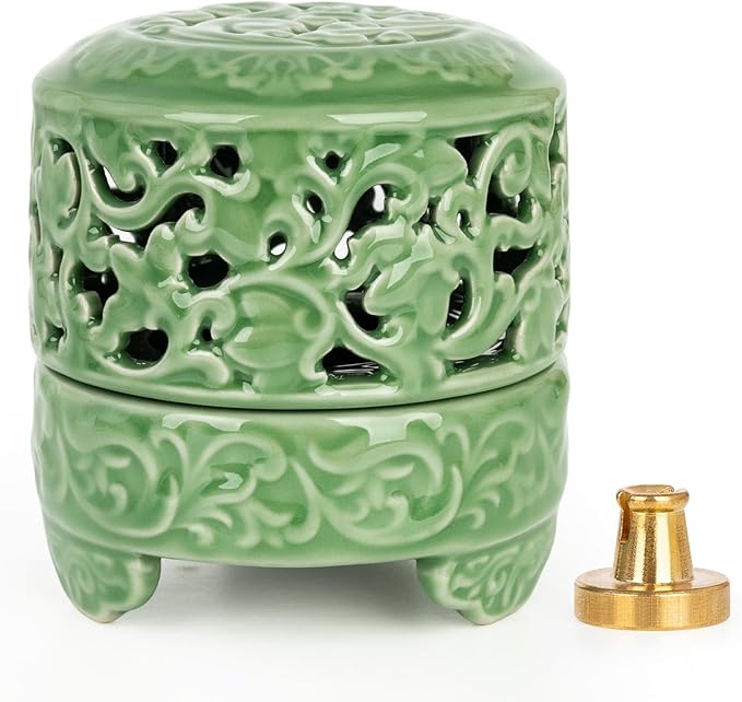 Incense Burner with Lid, Ceramic Incense Holder for Stick Cones & Coils Incense with Burn Cotton for Home, Office, Yoga (Xiangyun Incense Burner)