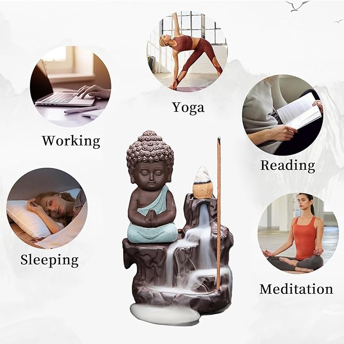 Backflow Incense Burner Holder Handmade Ceramic Waterfall Incense Cone Sticks Holder Buddha Style Home Decor with 10 Free Backflow Incense Cones for Home Tearoom Office (Light Blue)