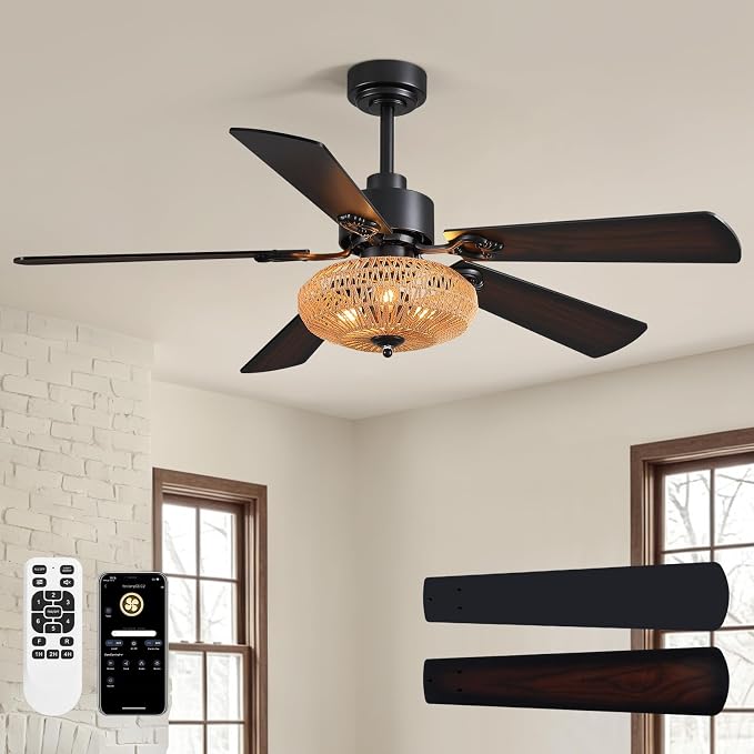 52inch Ceiling fan with Boho Rattan Caged Lampshade, Farmhouse Matte Black Ceiling Fan 5 Blades APP & Remote Control, 6-Speed Remote Dreo Fan Ceiling for Living Room Dining Room Bedroom