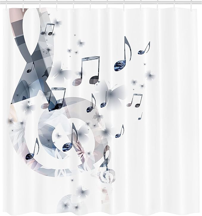 Ambesonne Music Shower Curtain, G-Clef Key Instrument Creative Rhythmic Ornate Motifs Digital Design Print, Cloth Fabric Bathroom Decor Set with Hooks, 69" W x 84" L, Soft Grey