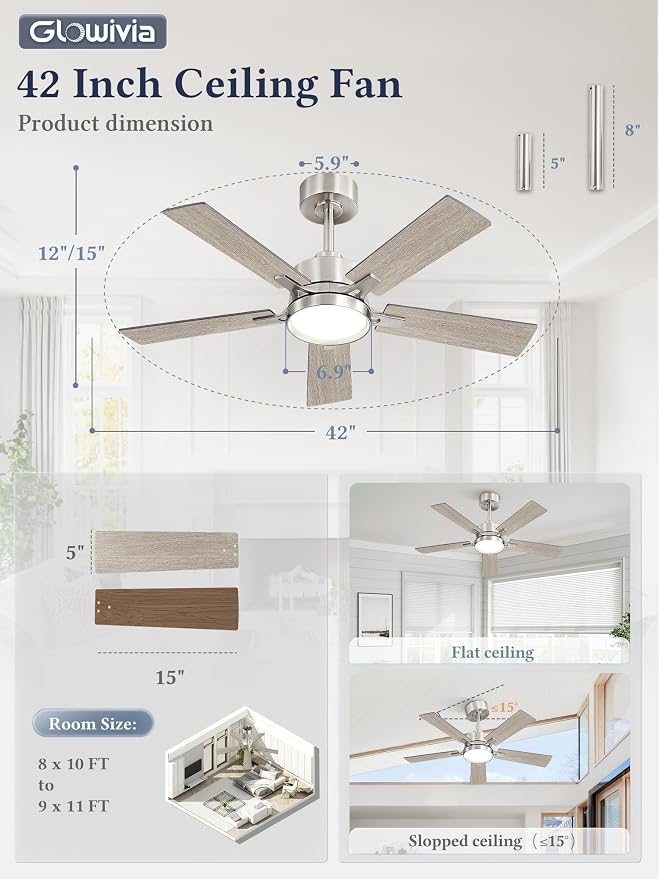 42 Inch Ceiling Fan with Lights and Remote, Smart APP Control, Dimmable with All-Setting Memory, Quiet DC Motor Reversible Blades, Damp Rated Modern Ceiling Fan for Bedroom Patio Living Room