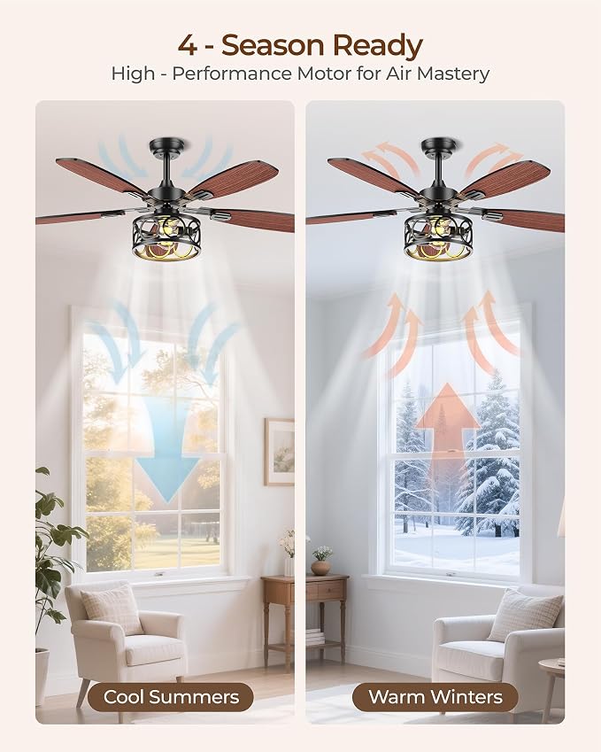 Ceiling Fans with Lights and Remote, 42'' Vintage Caged Ceiling Fan with Light, 5 Blades, 6+1 Speed, Flush Mount Ceiling Fan Whisper-quiet for Farmhouse, Living Room, Kitchen and Porch (42 Inch)
