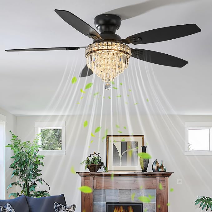 Crystal Ceiling Fan Fandelier with Lights-Ceiling Fans with Lights,54" Low Profile and Remote Control, Flush Mount, Reversible, Dimmable, Noiseless, Black Ceiling Fan for Bedroom