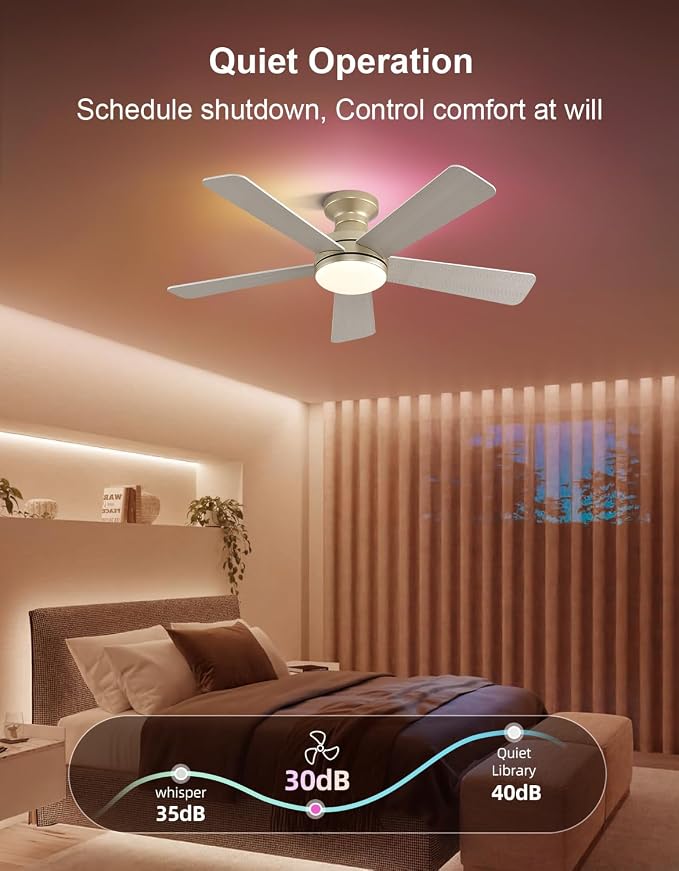 42 inch RGB Ceiling Fan with Light, Voice & App & Remote Control Low Profile Flush Mount Ceiling Fan,6 Speeds Silent Motor, 4-Color Temperature Dimmable for Home Office Party, Champagne Gold