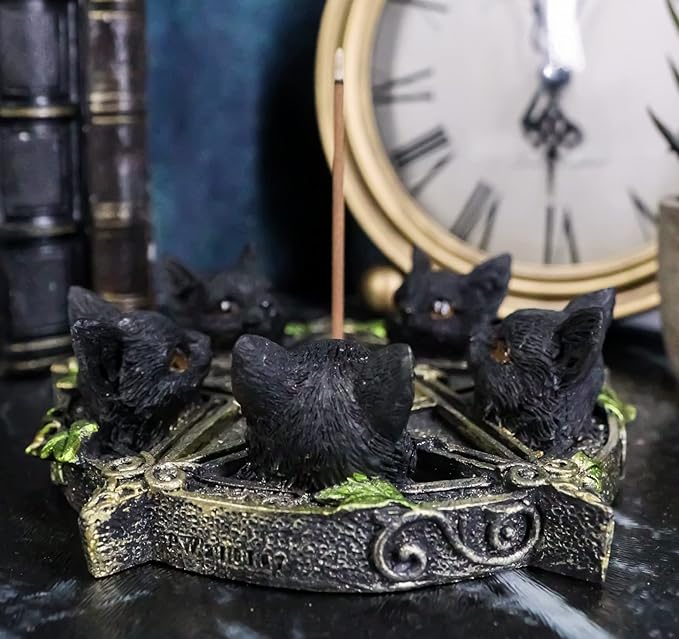 Ebros Gift Gothic Wiccan Pentagram Ivy Vines Penta 5 Black Cats Witching Hour Incense Stick Burner and Holder Figurine with Celtic Knotwork Details As Home Fragrance Accessory Wicca Accent