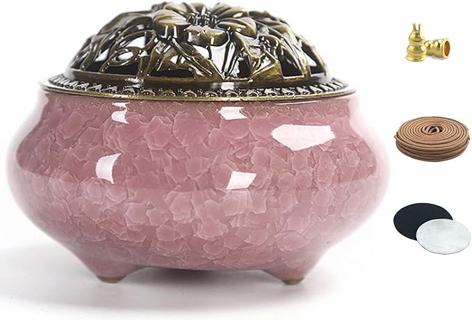 Ceramic Incense Burner with Calabash Incense Holder, 3 in 1 Stick or Cone Coil Incense Burner, Brass Lid for Yoga Spa Meditation