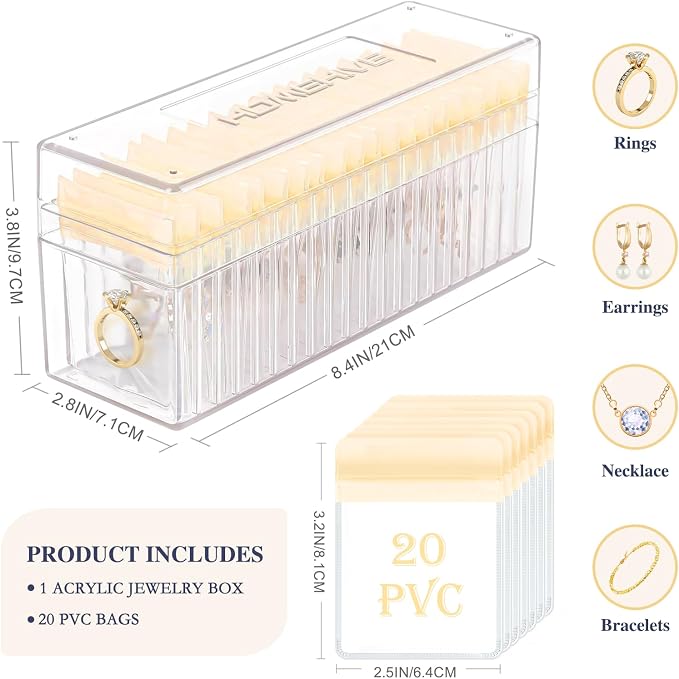 HOMEHIVE Acrylic Jewelry Box Organizer, Clear Jewelry Organizer Holder with 20 Portable Anti Tarnish Jewelry bags, Travel Jewelry Case for Earrings/Rings/Necklaces for Women Girls, Yellow