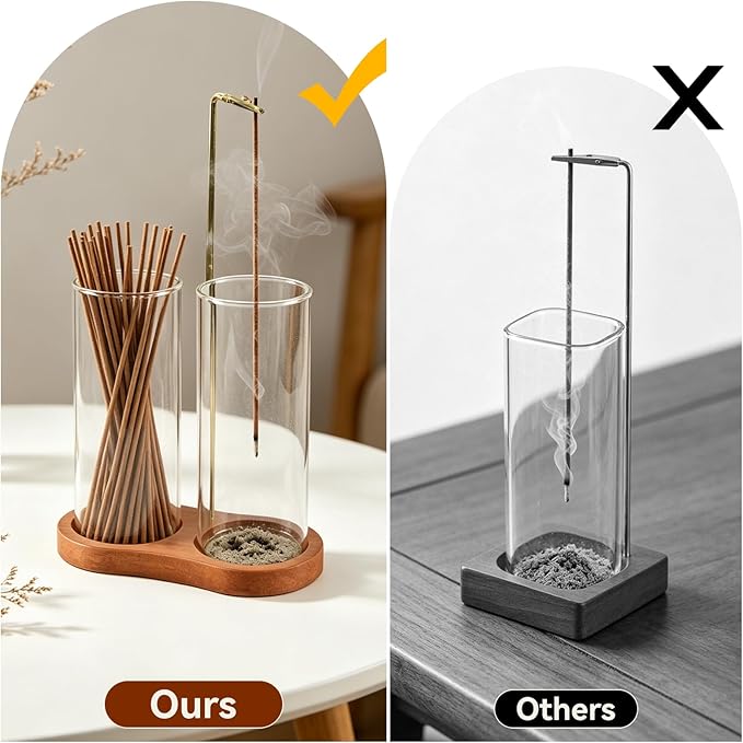 2 in 1 Incense Holder, Wooden Incense Holder for Sticks with Glass Ash Catcher & Storage, Anti-Ash Flying Incense Burner for Meditation, Yoga, Spa Home Boho Decor (Round Brown)