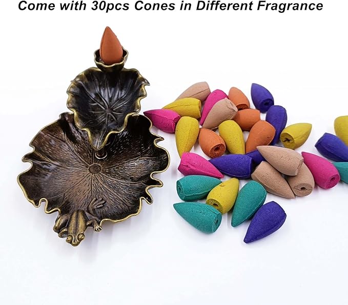 Backflow Incense Holder Bronze Waterfall Insense Burner with 30 Cones in Different Fragrances Lotus and Frog Design Copper Metal Zen Decor for Home Living Room Yoga Room