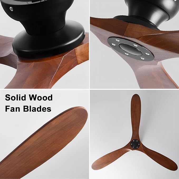 Solid Wood 70in Ceiling Fan Without Lights Flush Mount Ceiling Fans with Remote Control 6 Speeds, Wood Blades Modern Ceiling Fan No Light for Bedroom/Farmhouse/Patio/Indoor