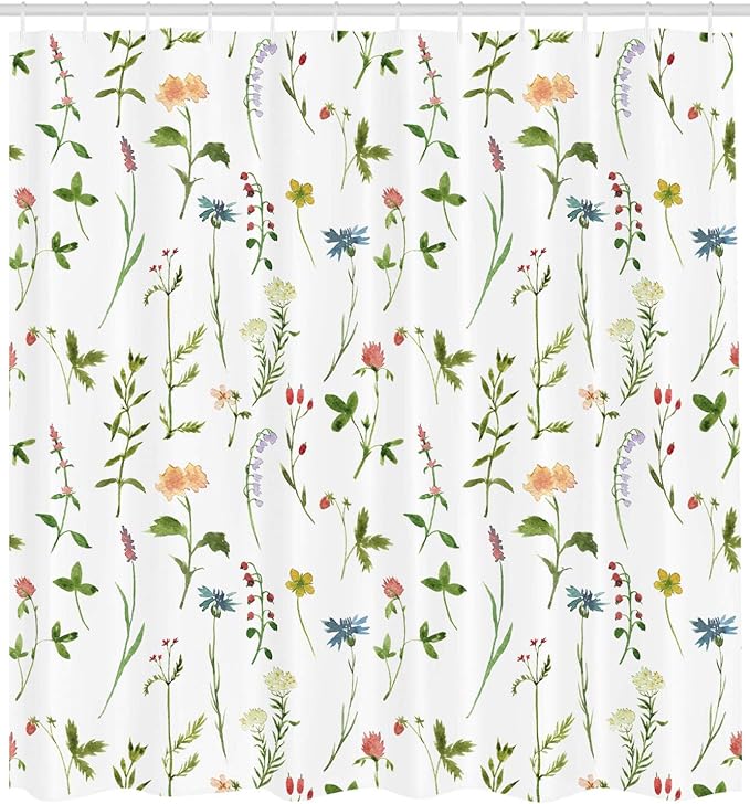 Ambesonne Floral Shower Curtain, Spring Season Themed Watercolors Painting of Herbs Flowers Botanical Garden Artwork, Cloth Fabric Bathroom Decor Set with Hooks, 69" W x 84" L, Ivory