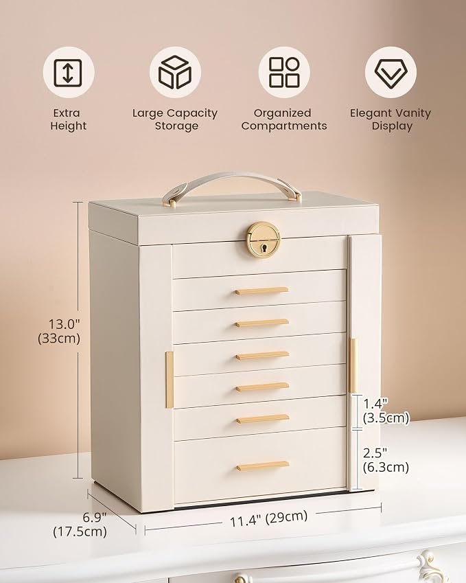 Lolalet Large Jewelry Box Organizer for Women, 7-Layer Jewelry Organizers and Storage Case with Mirror & 6 Drawers, Lockable Watch Ring Earring Bracelet Necklace Holder Girls Gift -7Layer, Beige