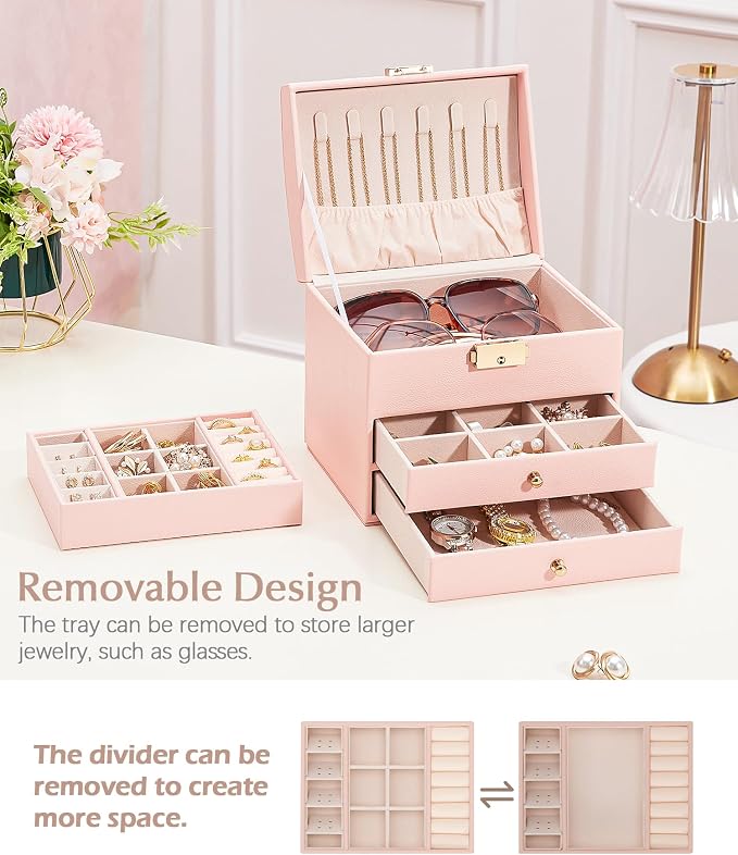 Homde Small Jewelry Box for Girls: 3-Layer Lockable Organizer (Blush Pink) | Removable Tray&Dividers for Flexible Storage - Sort Earrings&Rings&Necklaces for Beginners - Birthday Gift for Teens