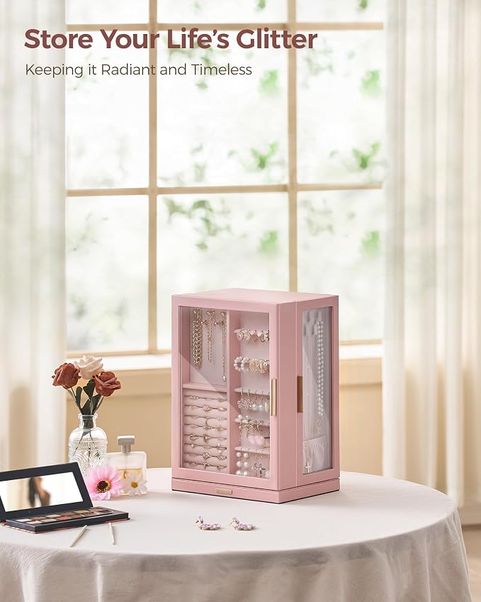Glimmloop 360° Rotating Jewelry Box with 7 Drawers, Spacious Vertical Jewelry Organizer with Glass Window, Jewelry Storage Case, Dustproof & Moisture-resistant Design, Pink