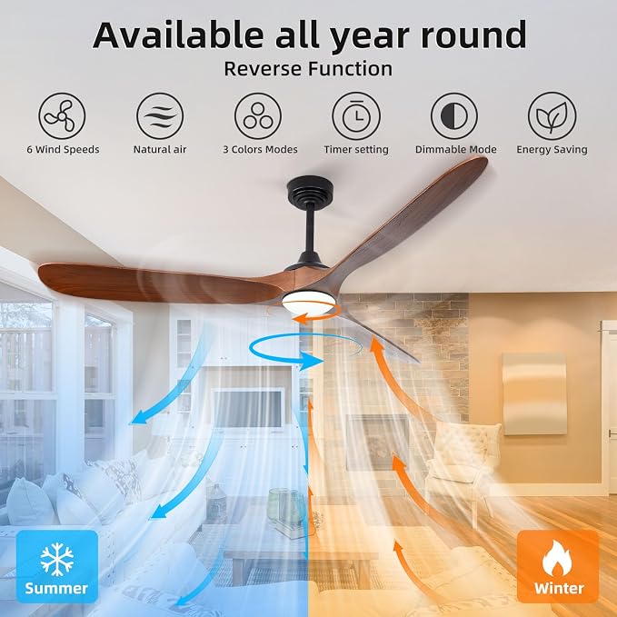 Ceiling Fan with Lights, 72'' Solid Wood Indoor/Outdoor Ceiling Fan with Quiet Reversible DC Motor, Compatible with Alexa/Google/App, 3CCT Dimmable, 6 Speeds Walnut Outdoor Fan for Patio Porch