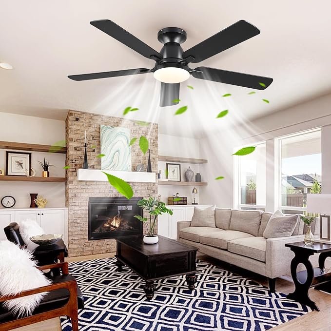 Mpayel 52 Inch Ceiling Fans with Lights and Remote, Black Ceiling Fan with Light Flush Mount, Low Noise, Reversible, Dimmable, Modern Low Profile Ceiling Fan with Light for Bedroom Indoor Outdoor
