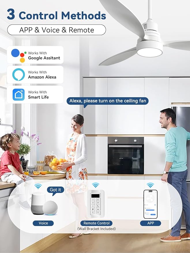 Sofucor 52 Inch Solid Wood Smart Ceiling Fans with Lights and Remote, Works with App/Alexa/Google, 6-Speed Outdoor Ceiling Fan with Light, 3 Blade Ceiling Fan, Quiet DC Motor for Living Room Patio
