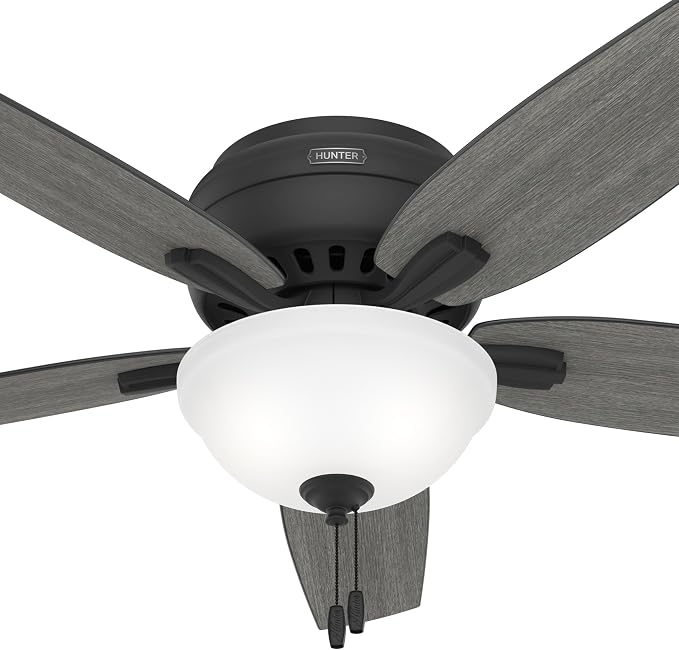Hunter 52 inch Indoor Ceiling Fan with LED Light - Black Ceiling Fan with Pull Chain, For Bedroom or Living Room, Low Profile Flush Mount, 5 Blades, Includes Bulbs - Newsome 52396, Matte Black | Low Profile Flush Mount, Pull Chain, 5 Blades, For Bedroo...