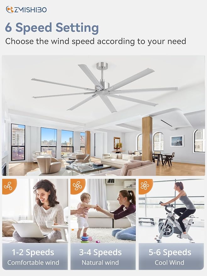 ZMISHIBO 84 Inch Ceiling Fans No Light, Large Industrial Ceiling Fan with 8 Aluminium Blades, Quiet DC Motor, 6 Speeds, Modern Ceiling Fan without Light for Garage/shop/living room,Nickel