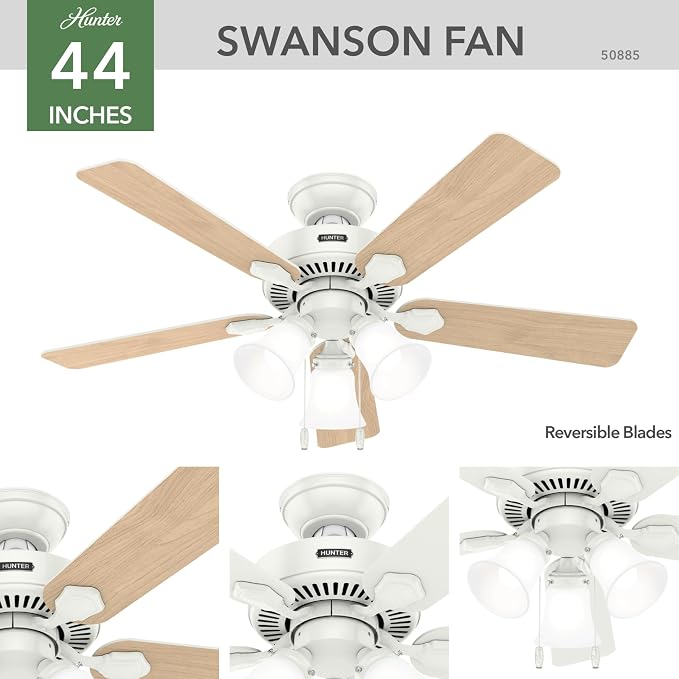 Hunter Swanson, Indoor, Ceiling Fan, with LED Lights, 44 inch, Fresh White | Standard Mount, Pull Chain, 5 Blades, For Bedroom, Living Room, Kitchen, 50885