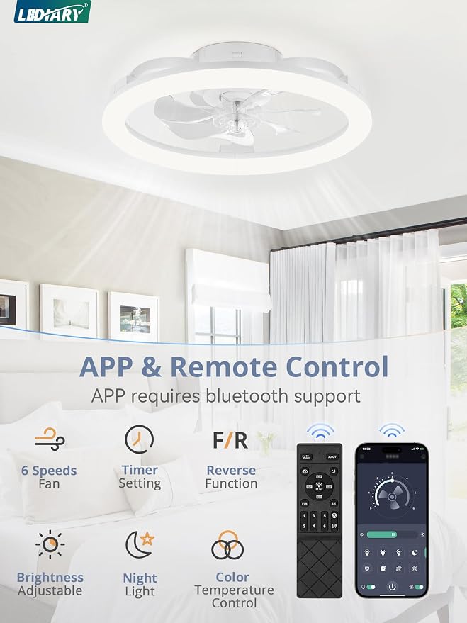 LEDIARY 2 Pack 20 Inch Low Profile Ceiling Fans with Lights and Remote, Dimmable Modern Fan Light(3000K-6000K), 6 Speed, Reversible, APP & Remote Control, Flush Mount Ceiling Fan for Bedroom, White
