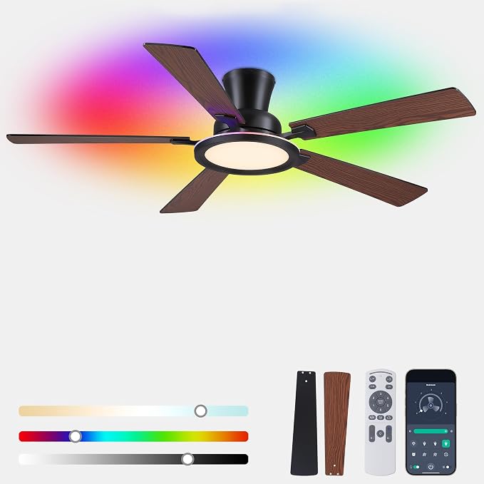 Ayaoty Ceiling Fans with Lights - 52in Flush Mount Ceiling Fan with RGB Dimmable, 3CCT 6 Wind Speeds and Reversible Quiet Motor, Low Profile RGB Fan Light for Modern Indoor, Party - Brown
