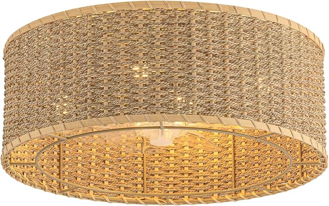 Boho Ceiling Fan with Light,Caged Ceiling Fan with Remote Control Reverible Blades Low Profile 6 Speeds Farmhouse Rattan Fandelier Chandelier Ceiling Fans for bedroom dining room kitchen living room
