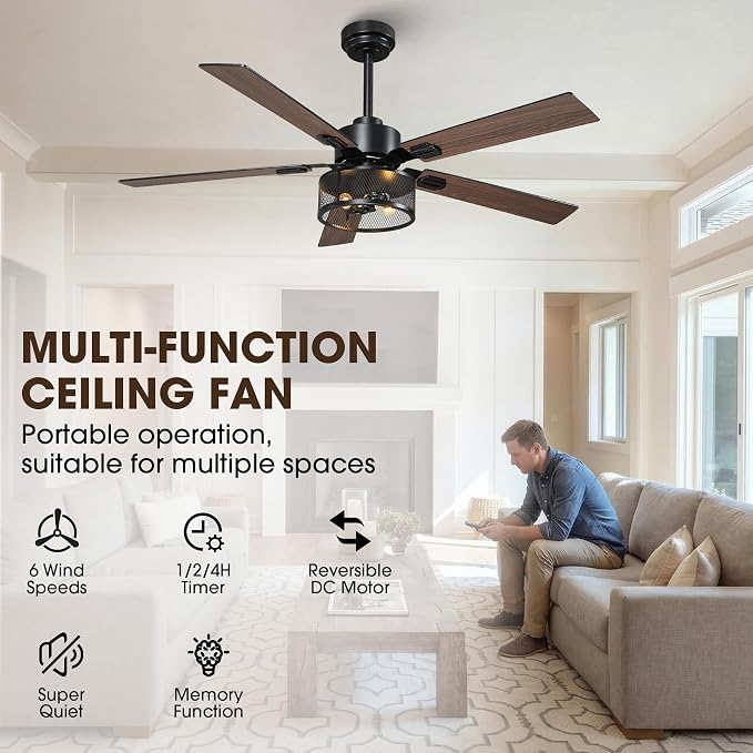 52 Inch Farmhouse Ceiling Fan with Light and Remote, Rustic Caged Ceiling Fans with 6-Speed Reversible Motor, 5 Dual Finish Blades, Outdoor Ceiling Fan for Living Room Bedroom Patio
