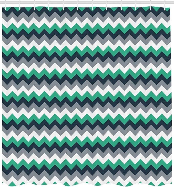 Ambesonne Chevron Shower Curtain, Zig Zag Symmetric Arrows Striped Pattern in Vibrant Color Artisan Print, Cloth Fabric Bathroom Decor Set with Hooks, 69" W x 75" L, Jade Green Grey White