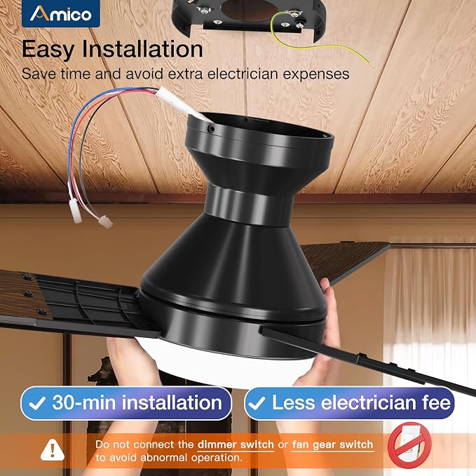 Amico Ceiling Fans with Lights, 52 inch Low Profile Ceiling fan with Light and Remote Control, Flush Mount, Reversible, 3CCT, Dimmable, Noiseless, Black Ceiling Fan for Bedroom, Indoor/Outdoor Use